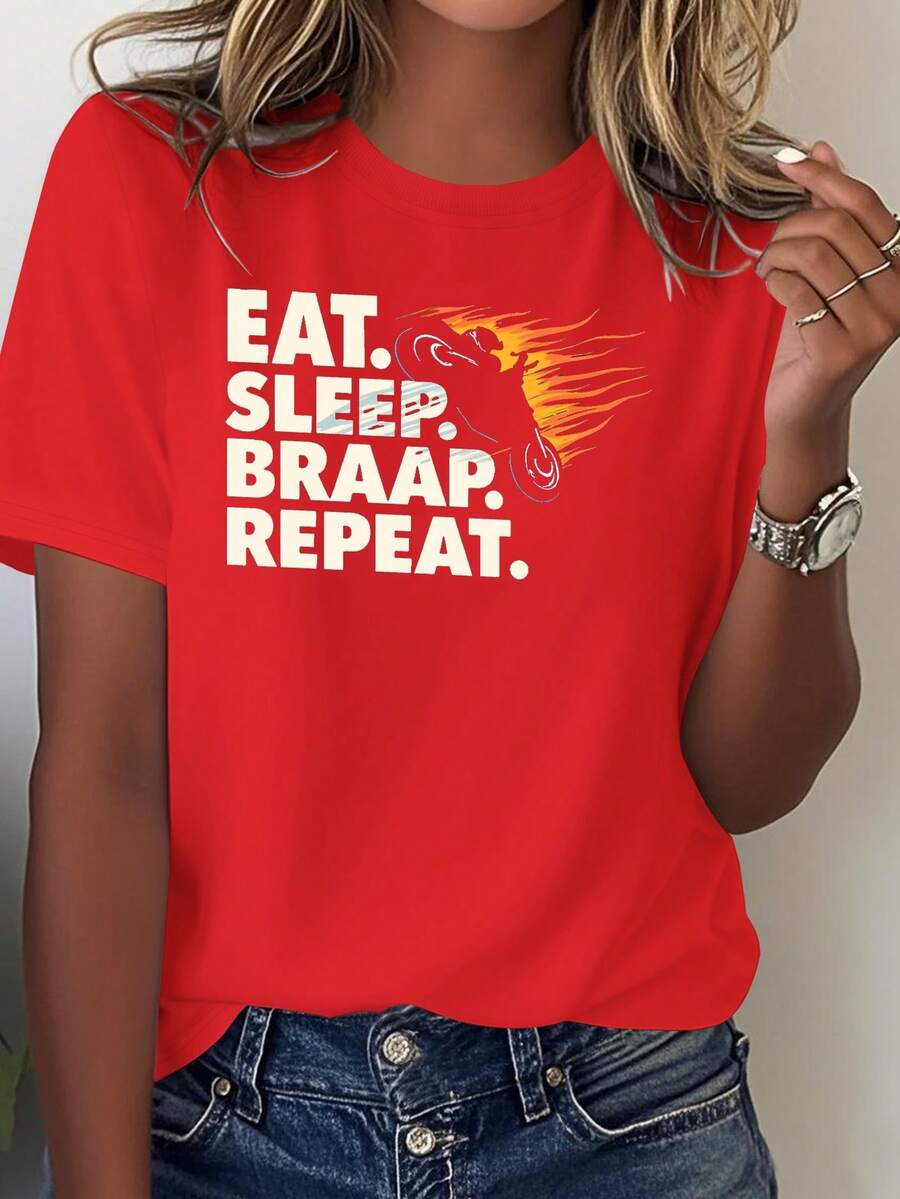 Comfortable Casual Fit, Year-Round Motorcycle Enthusiast Clothing, Everyday T-Shirt, Bold Print, Urban Fashion, Soft Fabric, Comfortable Cut, Slogan Top, For Fashion Lovers - [紅色的] - 查看 1