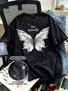Camiseta de manga corta con cuello redondo, nueva y casual, con brillo y lentejuelas, una camiseta suelta y versátil de moda para mujeres - Negro 2 - Ver 8