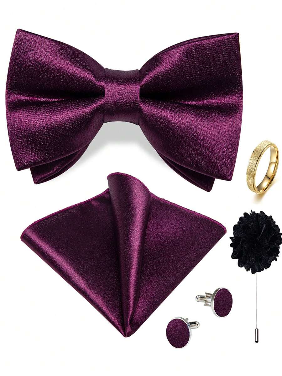 5Pcs Purple Men Accessory Set, Bow Tie Pocket Square Cufflinks Brooch Detachable Ring,Random Cufflink Patterns,Accessories For Wedding - Purple - View 1