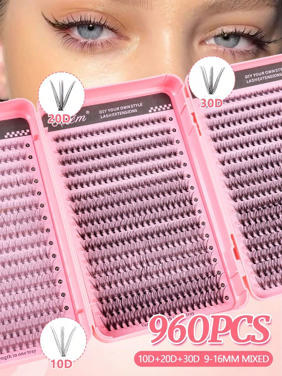 960片三折D捲度簇裝假睫毛，混合10D/20D/30D密度 10-16mm，蓬鬆耐用，適合初學者居家DIY，完美搭配婚禮、派對與旅行妝容