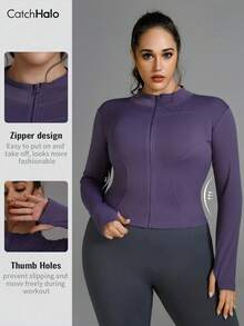 Plus Size Women Slim Fit Lightweight Sports Jacket, With Thumb Hole, Purple, Funnel Neck, Suitable For Yoga, Gym, Running, Cycling, Daily Wear Spring - Elderberry - View 3