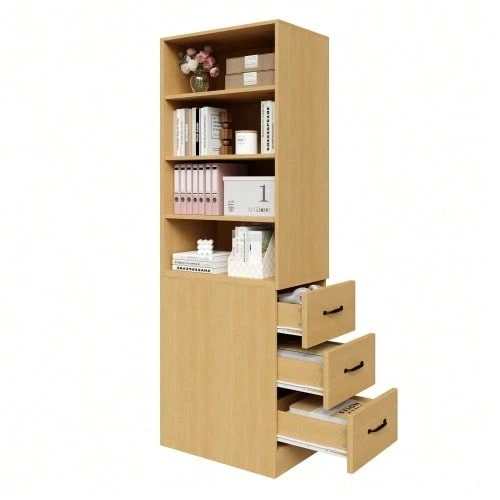 Extra-Narrow 180cm High Bookcase With Side Drawers - Adjustable Shelves, Interchangeable On The Left And Right, Ideal For Small Spaces - Sideboard, Living Room Furniture, Bookcase - Camel - View 1