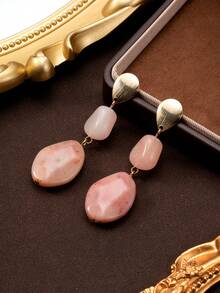 1 par de pendientes largos elegantes y personalizados con cuentas de piedra sintética, diseño geométrico asimétrico en forma de lágrima de metal, estilo vintage de moda, adecuados para uso diario, regalo y vacaciones - Rosa coral - Ver 2