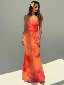 Elegant Women's Dress With Floral Print And Open Back, Summer Clothes, Beach Outfits For Women, Beach Vacation Clothes, Party Outfits, Bridesmaids - 珊瑚橙 - 查看 4