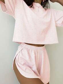 Set de 2 piezas compuesto por top holgado de punto a rayas con abertura lateral y shorts, conjunto informal de ropa de estar en casa - Blanco - Ver 9