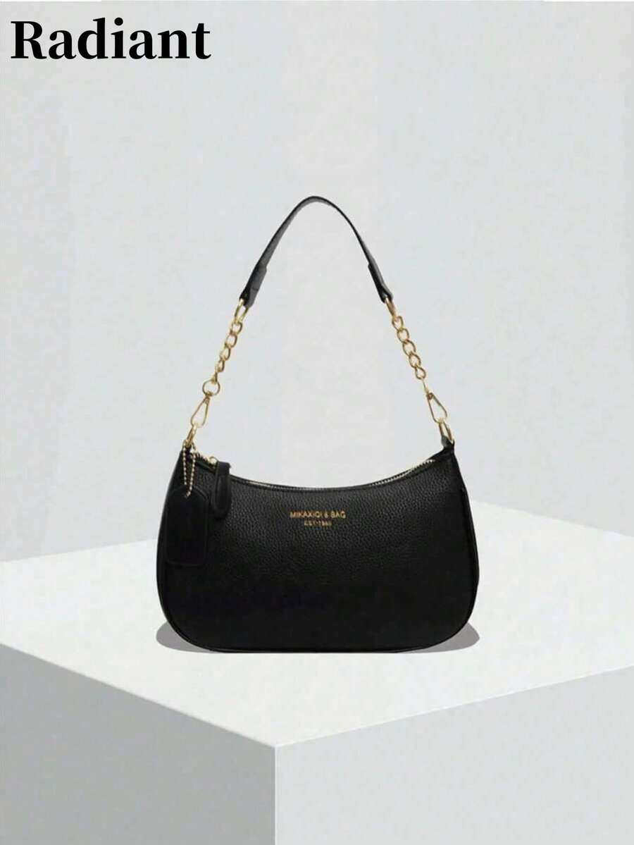 2025 Crescent-Shaped Shoulder Bag, New Fashionable Classic And Versatile Design With Letter Pattern Decoration, Solid Color, Waterproof PU Material, Handbag And Shoulder Bag, Suitable - Black - View 1