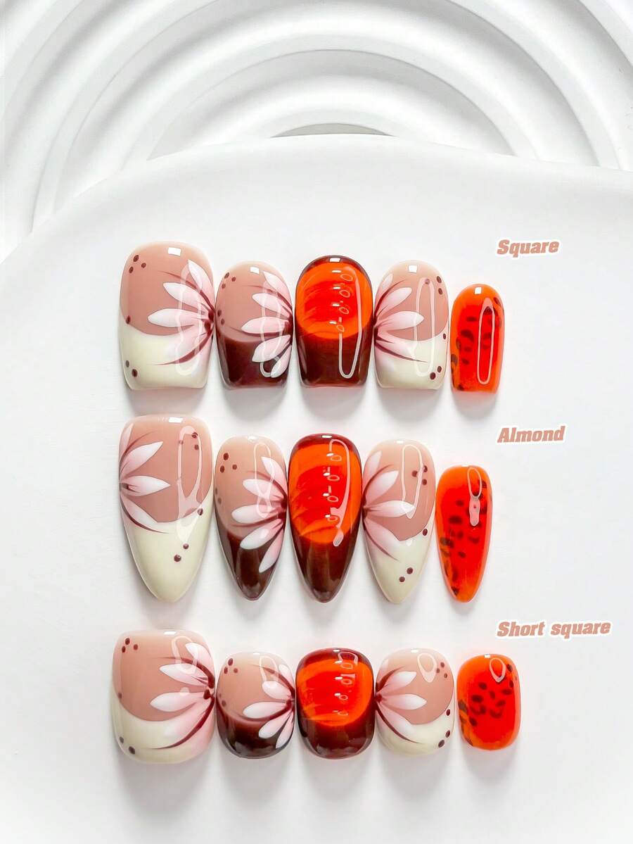 10片裝休閒風手工穿戴甲,Polygel美甲套組,手繪花卉裝飾,黃色、橘紅色與粉色指甲油,獨特風格,附美甲工具,3種尺寸可選,方形、短方形、杏仁形,適合派對、跳舞、日常配戴 - 彩色 - 查看 1