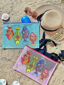 Bolsa de almacenamiento multifuncional, bolsa de aseo transparente con patrón de flores & peces, sardinas, bolsa de playa de estilo único para vacaciones, bolsa de almacenamiento de playa impermeable multifuncional, regalo para el Día de la Madre/Boda/Fiesta, bolsa de almacenamiento multifuncional, adecuada para natación, playa, buceo, uso diario, regalo práctico de vuelta a la escuela para compañeros de clase, mejores amigos, maestros - Multicolor - Ver 3
