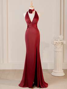 Vintage Burgundy Valentine's Day Backless Slit Sexy Bridesmaid Dress, Sister Party Wedding Season Dress - Burgundy - View 2