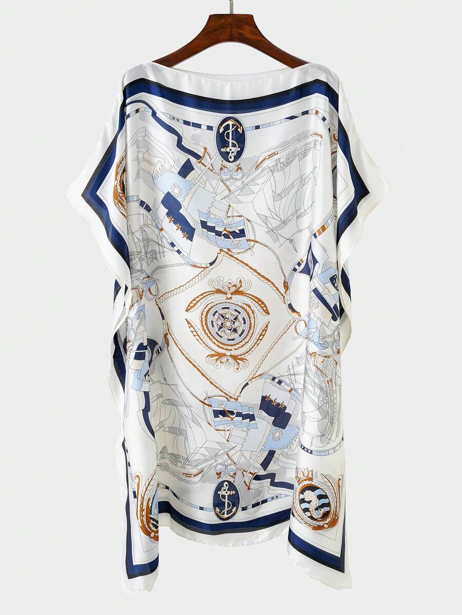 1pc Women's Vintage Classic European Nautical Anchor Compass Chain Print Chiffon Pullover Short Robe, Summer Outdoor Casual Travel Vacation Sun Protection Cover-Up Shawl - Multicolor - View 1