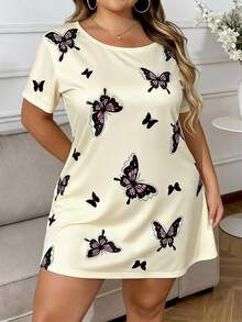 Nuisette élégante et belle avec imprimé papillon, grande taille, manches courtes, short court, robe de nuit grande taille, tenue d'intérieur, convient pour le printemps et l'été - Multicolore - Voir 3