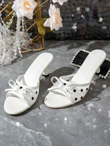 Women's Bohemian Polka Dot Mesh Bow Decor Mule High Heel Sandals, Elegant Round Toe Open Toe Kitten Heel Slide Sandals, Summer Date Party Comfortable Breathable Slip-On White High Heels - White - View 2