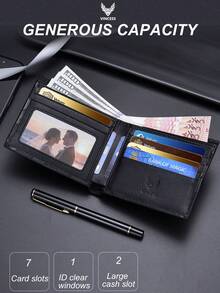 VINCESS Men's Genuine Leather Business Wallet, RFID Blocking, Made Of Top Grain Cowhide Leather, Fashionable Geometric Pattern Design. It Features Multiple Card Slots And Transparent ID Card Window, Perfect For Daily Use And Travel, An Ideal Gift For Men. - Black - View 5