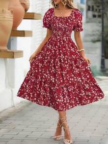 Women's Printed Dress With Square Neck, Fitted Waist And Layered Puff Sleeves, In A Sweet Style. - 紅色 - 查看 1