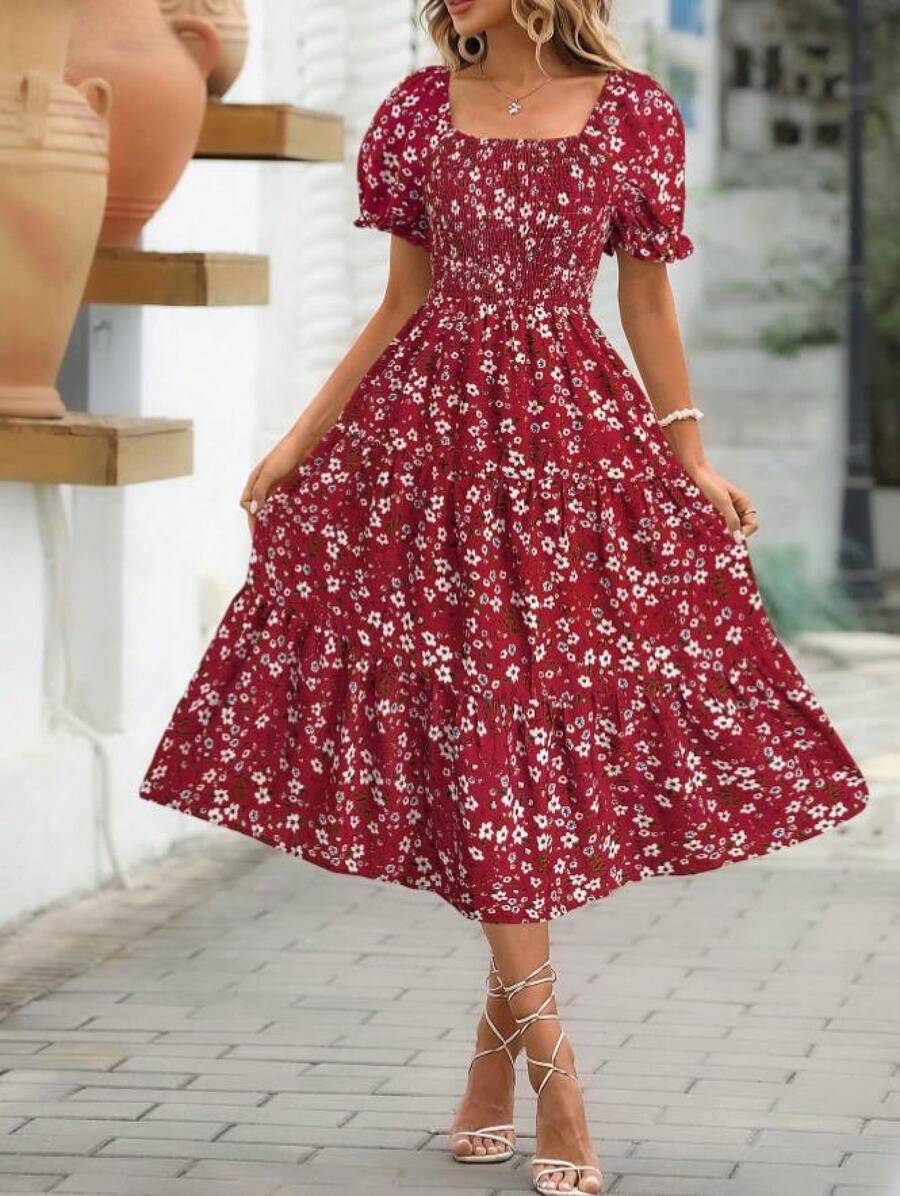 Women's Printed Dress With Square Neck, Fitted Waist And Layered Puff Sleeves, In A Sweet Style. - 紅色 - 查看 1