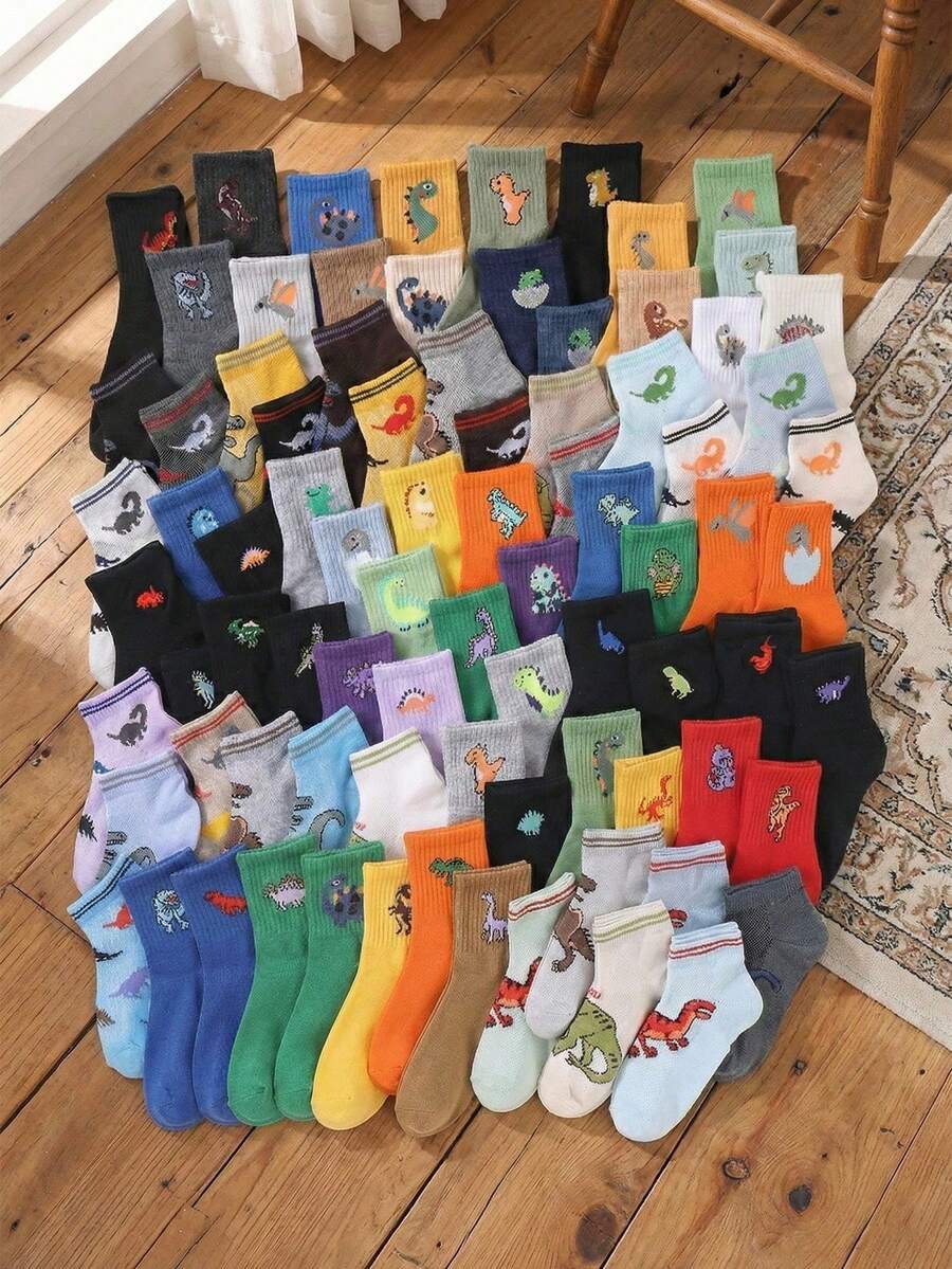 20 Pairs Kids Mid Calf Socks 1-16 Years Boys Girls Cute Dinosaur Pattern Athletic Sports Socks Classic Ribbed School Crew Socks - Multicolor - View 1