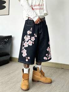 1pc Justice Brother Korean Streetwear Graphic Print Black Denim Casual Loose Fit Shorts, Mid-Length (Belt And Accessories Not Included) - Black - View 4