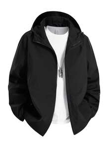1pc Men's Solid Color Minimalist Hooded Jacket, Suitable For Daily Outings And City Commute - Black - View 3