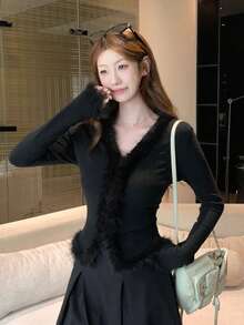 Luxury Premium Black Fuzzy V-Neck Knit Sweater Women's Outerwear Top, Spring/Autumn New Style - Black - View 3