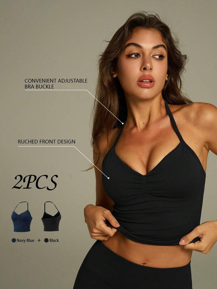 UONNOU 2pcs Women's Sports Shaping Tank Tops, Black + Navy Blue, Halter Neck Pleated, Removable Padding, Cold Shoulder Backless, Fitness Workout - Multicolor - View 1