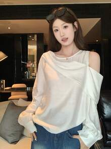 French Design Asymmetrical White Off-Shoulder Long Sleeve Blouse, Spring/Autumn New High-End Style Women's Shirt - White - View 10
