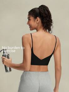 Reggiseno sportivo da donna Tender Angel con spalline sottili, scollo a U e schiena bassa, canotta corta da fitness senza cuciture con imbottitura, comodo reggiseno da yoga in stile minimalista per uso quotidiano e palestra - nero - Visualizzare 5