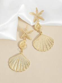 1 par de pendientes vintage exagerados de concha de vieira dorada, pendientes colgantes versátiles y creativos de concha & estrella de mar para mujeres - Dorado - Ver 3
