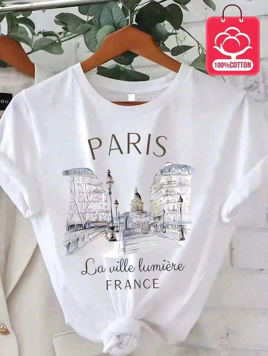 Playera Mujer Corte Holgado Estampado Moderno, Versátil para Viajes, Paseos y Uso Diario Veraniego - Blanco - Ver 1