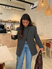 Women's French Vintage Grey Plaid Stand Collar Blazer, Loose Fit Asymmetric Commuter Jacket, Suitable For Spring And Autumn - Colored Gray Fabric - View 4