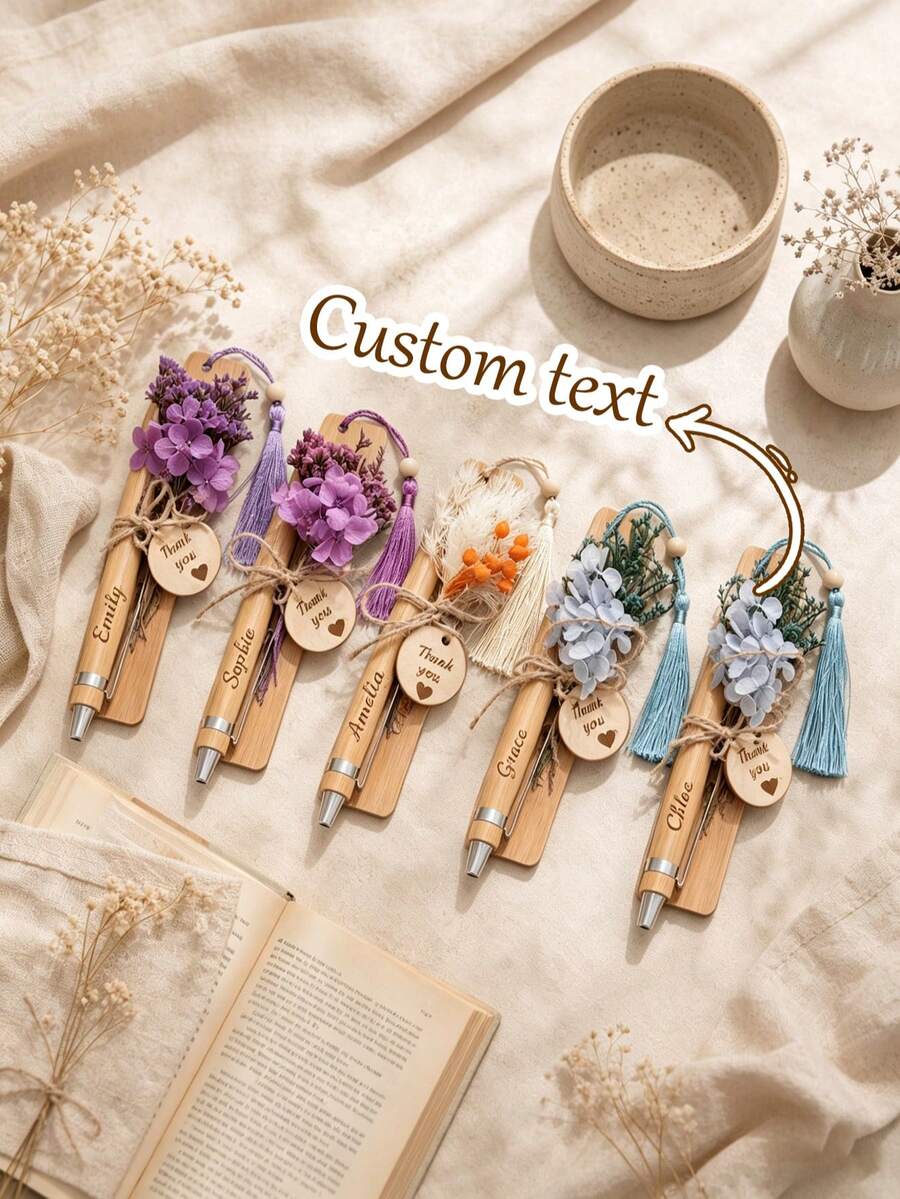Bộ bút và thẻ đánh dấu sách bằng gỗ cá nhân hóa, thân bút tre khắc tên, thẻ đánh dấu sách tùy chỉnh làm quà tặng, kèm hộp quà, quà cảm ơn cho giáo viên, mẹ, y tá, người cố vấn - Bộ - Xem 1