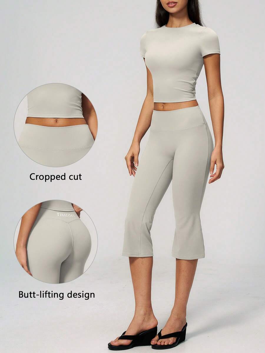 TimeOff Women's One Set Solid Color Round Neck Cropped Short Sleeve Flared Mid-Length Pants Sports Outfit - Grey - View 1