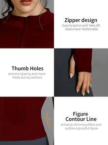 Plus Size Women Full Zip Sports Jacket, Solid Color Slim Fit High Elasticity With Thumb Hole, Suitable For Commuting, Yoga, All-Day Wear - Red - View 7