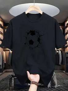 Diseño Creativo de una Camiseta Blanca de Manga Corta con un Balón de Fútbol Perforado: una Pieza Única que Muestra la Pasión por el Fútbol y la Estética Moderna - Negro - Ver 1
