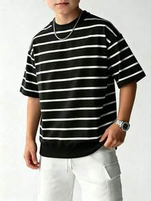 Camiseta de punto a rayas de manga corta para niños, top de punto casual de cuello redondo en blanco y negro, top de verano suave y transpirable para niños - Negro - Ver 7