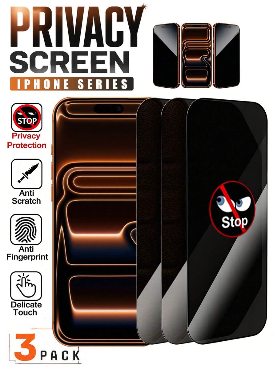 3 piezas Protector de pantalla de vidrio templado anti-espionaje para 17/16/16e/15/14/13/13 Pro/12/11/17 Pro Max/17 Air/16 Pro Max/15 Pro Max/14 Pro/Plus/Mini/X/XR/XS Max/7/8/SE2/SE3, dureza 9H+, resistente a arañazos, cobertura completa, protección de privacidad, accesorios para teléfono, compatible con fundas de teléfono - Negro - Ver 1