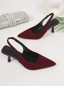 Sapatos femininos elegantes de salto alto estilo clássico, novos, cor borgonha brilhante, com tira traseira, para festa noturna e uso casual, chiques e minimalistas, confortáveis e versáteis, saltos agulha vermelhos brilhantes com banda elástica e fivela, sapatos femininos e sandálias femininas de costas abertas - Borgonha - Ver 3
