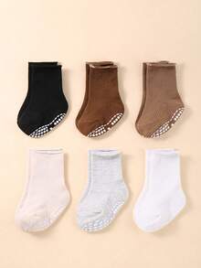 6 Pairs Random Color Non Slip Dot Crew Socks For Kids, Black White Grey Basic Toddler Walking Socks, Soft Cozy Practical Newborn Essential Fall Style - Multicolor - View 6