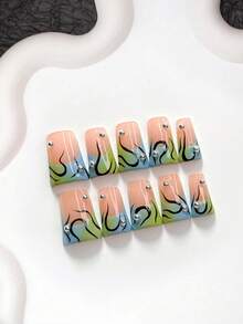 10 piezas de uñas postizas de estilo único hechas a mano, set de arte de uñas de polygel, líneas pintadas a mano, esmalte de uñas azul & verde, estilo minimalista soñador, incluye herramientas para uñas, 3 tamaños disponibles: almendra, pato, forma de ataúd, adecuado para fiesta, baile, uso diario - Multicolor - Ver 14
