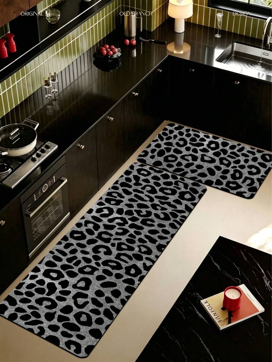 1pc Premium Gray Leopard Print Kitchen Anti-Slip Mat 3.5mm, Cuttable, Absorbent Anti-Fatigue Diatomaceous Earth Floor Mat, Bathroom Floor Mat, Hallway Small Rug, Kitchen, Bathroom, Entryway, Living Room, Outdoor Garden, Indoor Mat - View 1