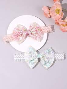 2件組馬卡龍色蕾絲嬰兒髮箍，刺繡花朵網紗幼兒嬰兒新生兒彈性尼龍髮帶，嬰兒髮飾 - 彩色 - 查看 10