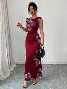 Vestido Largo Verano Sin Mangas Slim Hip Estampado Para Dama - Burdeos - Ver 2