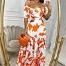 Oyyn Elegant High Waist Floral Print Maxi Dress With Full Hem For Parties, Women's Clothing 2024, Chic And Sexy Off Shoulder Maxi Dresses Size S - 橘色 - 查看 1