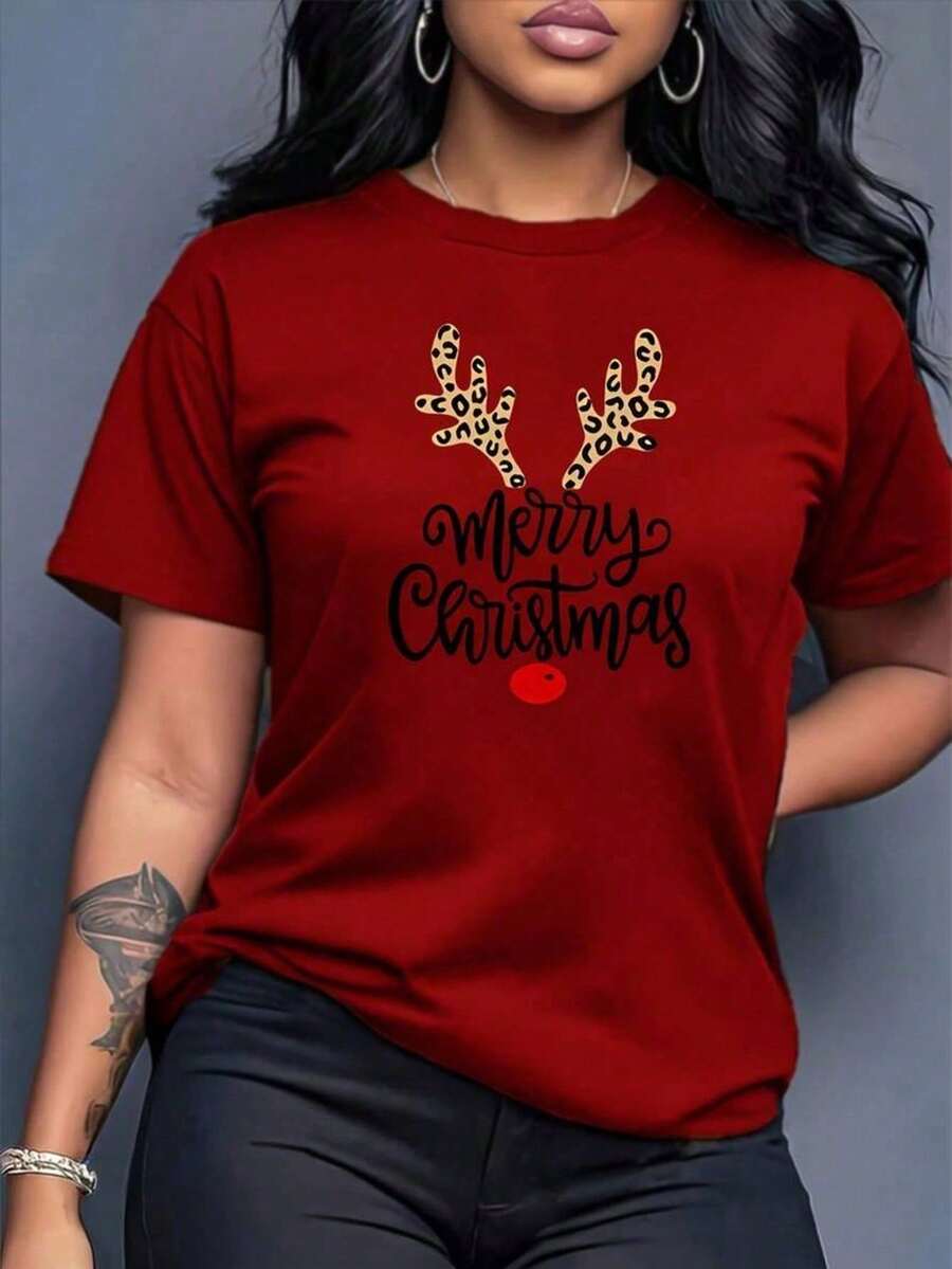 1 unidad Camiseta estampada casual, cuello redondo, manga corta,% algodón, holgada para mujer, estampada de verano con absorción de humedad, para uso diario. - Rojo - Ver 1