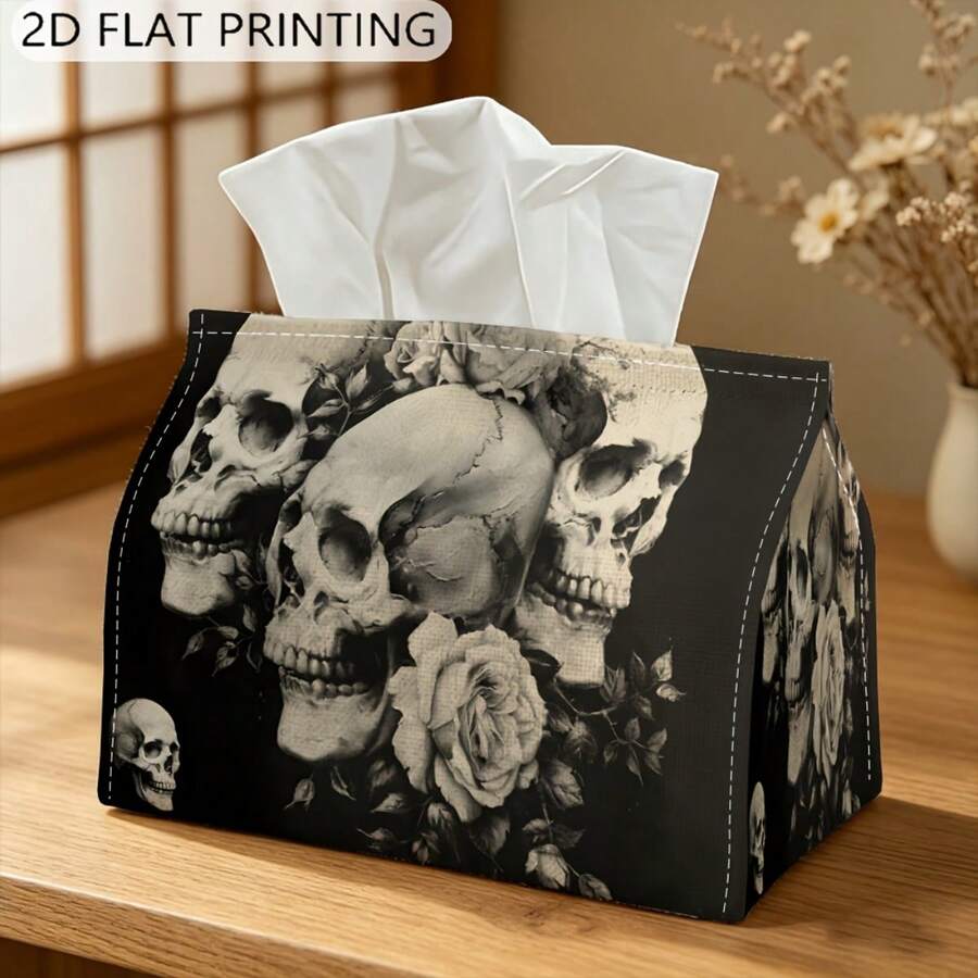 1 pieza Caja de pañuelos plana impresa en 2D, patrón de calavera y rosa, caja de almacenamiento de pañuelos, cubierta rectangular para caja de pañuelos, caja de almacenamiento de pañuelos para el hogar, cubierta de caja de pañuelos para escritorio, soporte de pañuelos multiusos y duradero, cubierta de caja de pañuelos para coche - Multicolor - Ver 1