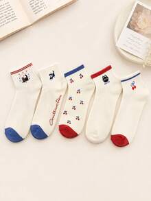1/5 Pairs Women's Random Cartoon Cat Cherry Bow Solid Color Fashion Low-Cut Short Socks, Soft Comfortable Breathable Cute All-Season Versatile Preppy Style Minimalist Suitable For Daily Wear And Outings - Multicolor - View 5