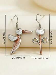 1 Pair Vintage Bohemian Style Cute Bird & Tulip Flower Asymmetric Design Pendant Earrings, Personalized Versatile Jewelry Gift For Women's Daily Wear, Dating And Travel - Antique Silver - View 2