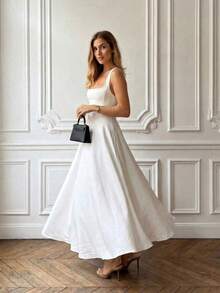Floreya Vestido de Tela Tejida con Cremallera de unicolor Casual Elegante para Cita Nocturna Vacaciones Boda Primavera Verano - Caqui - Ver 8