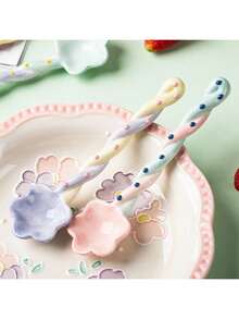1/2pcs Multi-Color Ceramic Long Handle Soup Spoons, Back To School Tableware, Home Dessert Spoon, Stirring Spoon, Coffee Spoon, Ice Cream Spoon, Cute Flower Design Christmas/Halloween Party Gift - View 9
