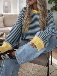 Joy Knit 女款針織毛衣 秋冬時尚新款－極簡休閒百搭居家日常穿搭－寬鬆圓領復古條紋拼接針織套頭毛衣長袖－女款上班穿搭－外出上衣－派對 - 藍色 - 查看 4