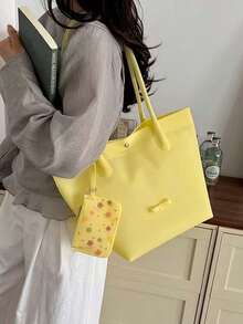 韓式波點帆布托特包女款，大容量可折疊單肩包，適合大學生通勤與外出，抽褶雲朵包附綁帶 - 黃色 - 查看 6